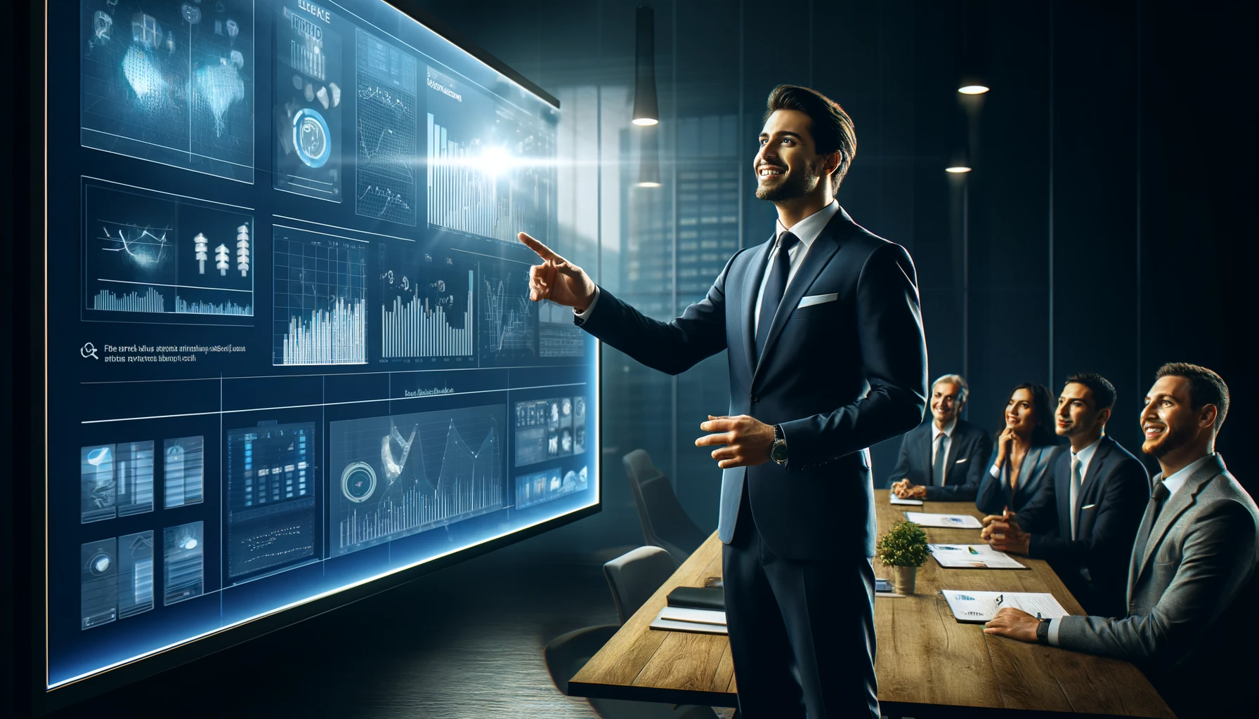 successful Latin American man in a business meeting, using an interactive screen while giving a presentation